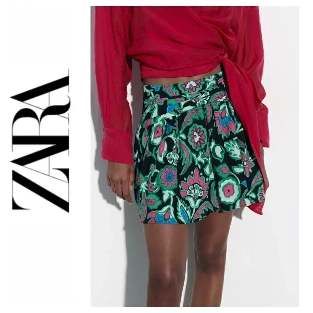 NWT Zara Multicolored Floral Print Linen Blend High Waisted A-Line Mini Skirt